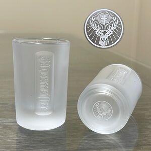 Pair of Embossed Jagermeister Frosted Glass 1 fl. oz Shot Glasses Barware Bar